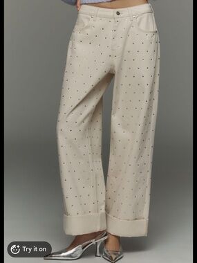 Pilcro Cream Rhinestone-Embellished Wide-Leg Jeans